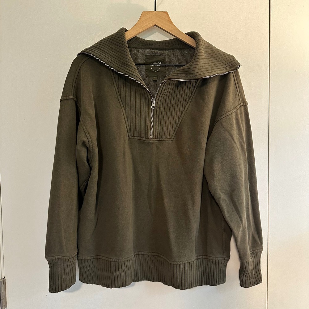 Aerie |‎ Woman's Olive Green Ribbed Quarter Zip Pullover Sweatshirt Fleece, XS